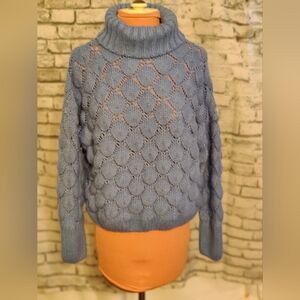 Frnch poufy popcorn peek A boo Sweater Tiffany Blue funnel neck Chic SM